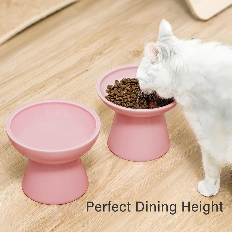 CEEFU 2 Elevated Cat Bowls Extra Wide for Food & Water – Whisker Fatigue, Ceramic Wide Shallow Food Dish, Lead & Cadmium Free, Raised Height for Cats, Pink - Image 5